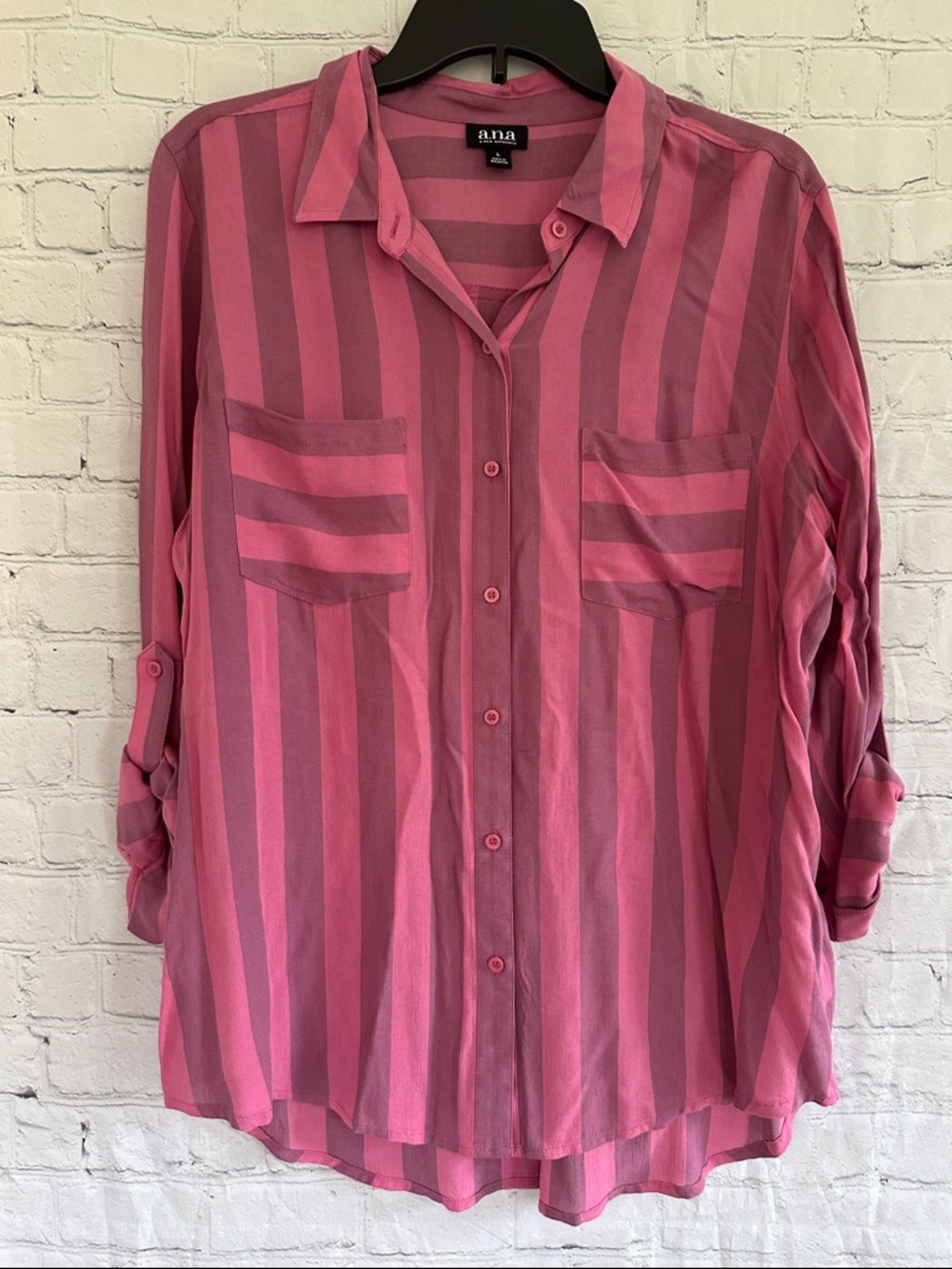 A.N.A Vertical Striped Button-Up Shirt in Pink and Magenta